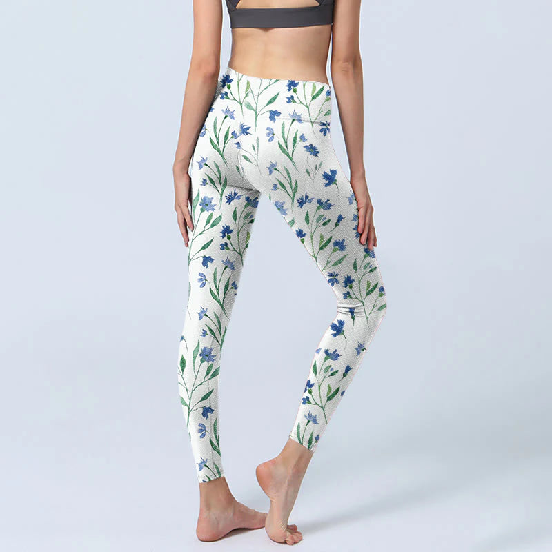Buddha Stones White Flowers Leaf Pattern Print Gym Leggings Women's Yoga Pants