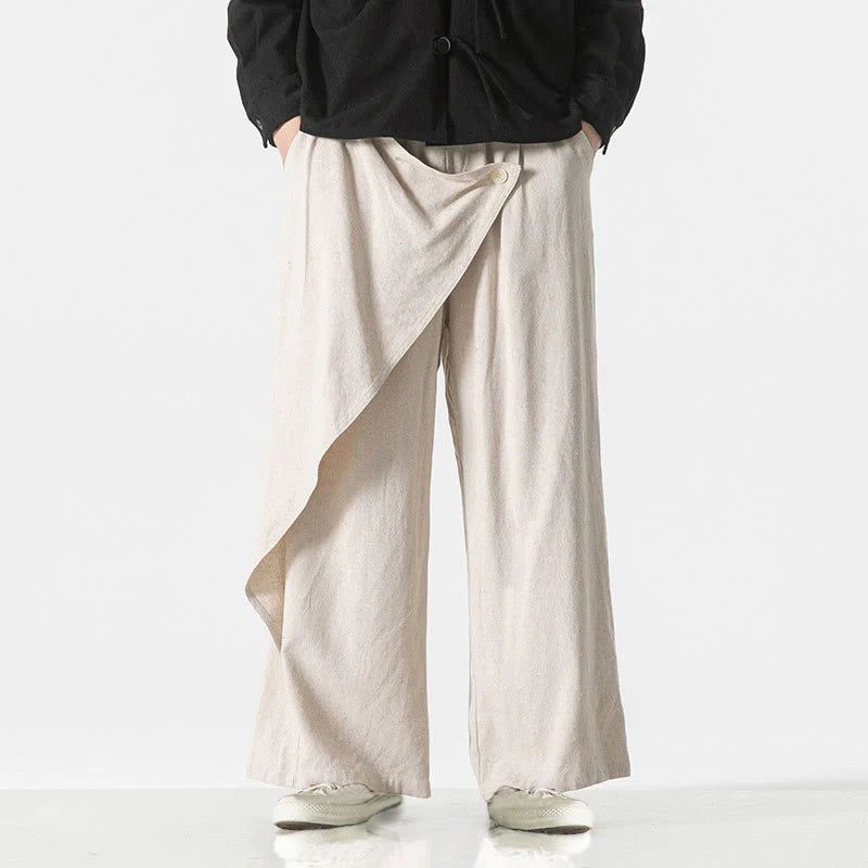 Buddha Stones Asymmetrical Patched Design Plain Men's Cotton Pants With Pockets
