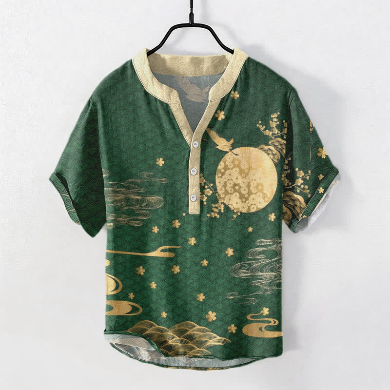 Buddha Stones Cotton Plum Blossom Full Moon Crane Emblem Men's Short Sleeve Half Button Shirt