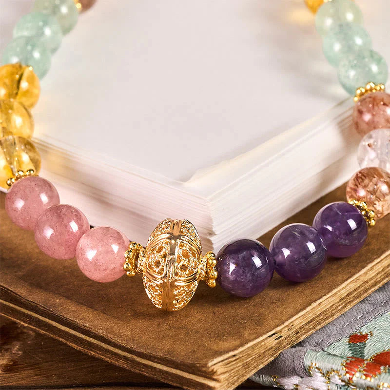 Buddha Stones 8mm Multicolored Amethyst Strawberry Quartz Balance Key Chain Phone Hanging Decoration
