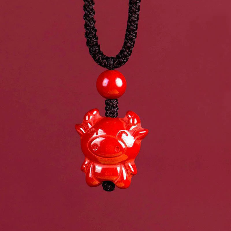 Buddha Stones Year Of The Horse Chinese Zodiac Engraved Design Cinnabar Blessing Rope Necklace Pendants