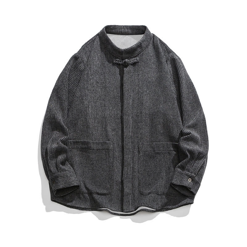 Buddha Stones Solid Color Frog-Button Long Sleeve Men's Cotton Corduroy Jacket With Pockets