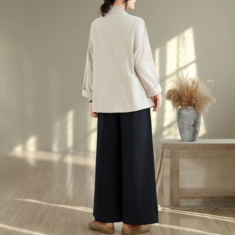 Buddha Stones 2Pcs V-Neck Long Sleeve Shirt Wide Leg Pants Zen Meditation Women's Set