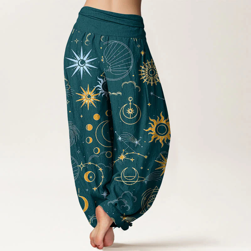 Buddha Stones Cotton Moon Sun Cloud Star Constellation Pattern Women's Elastic Waist Harem Pants