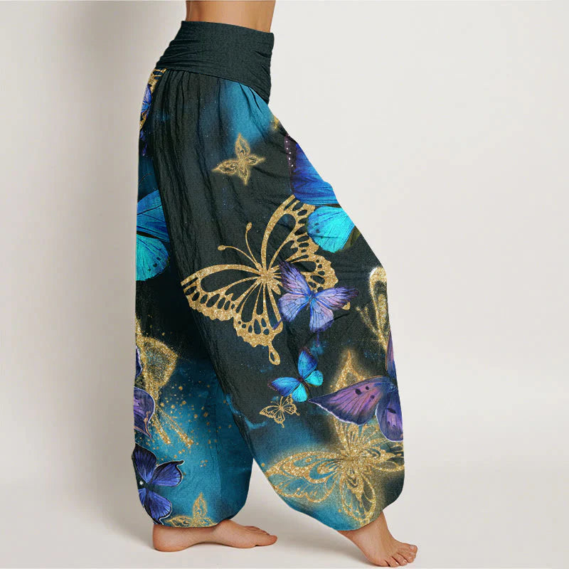 Buddha Stones Cotton Casual Butterfly Gold Pattern Women's Elastic Waist Harem Pants