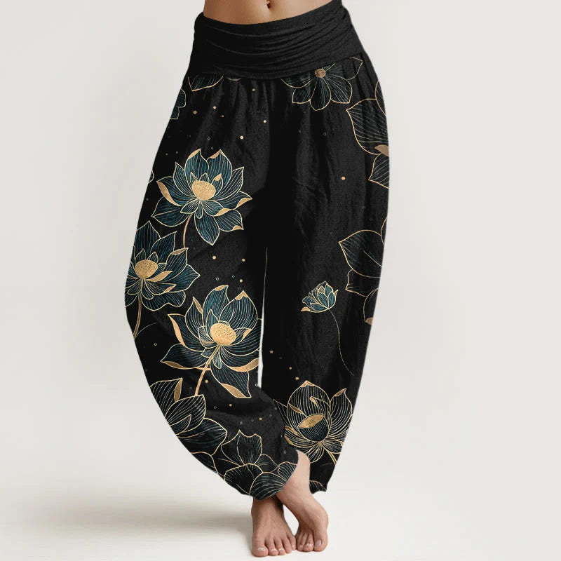 Buddha Stones Pure Cotton Delicate Lotus Pattern Women's Elastic Waist Harem Pants