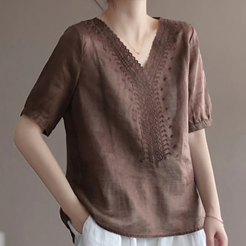 Buddha Stones Summer Casual Embroidered Pattern Women's V-Neck Design Half Sleeve Cotton Linen T-shirt