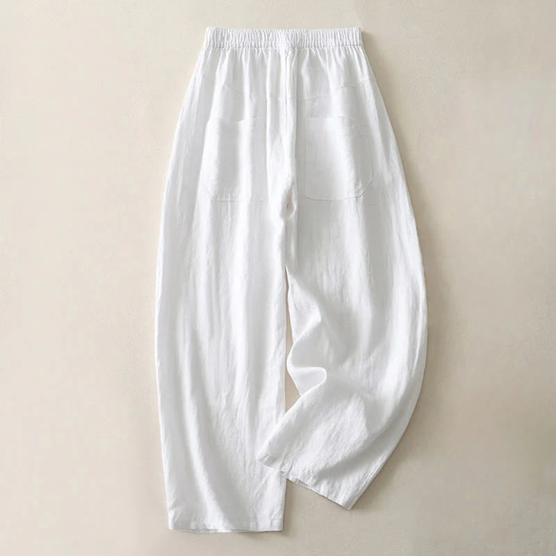 Buddha Stones Summer Daily Solid Color Elastic Waistband Design Women's Wide Leg Cotton Linen Pants With Pockets