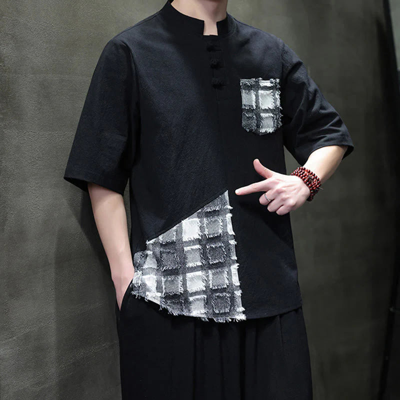 Buddha Stones Summer Vintage Color Contrast Patchwork Design Stand Collar Men's Half Sleeve Cotton Shirt With Pocket