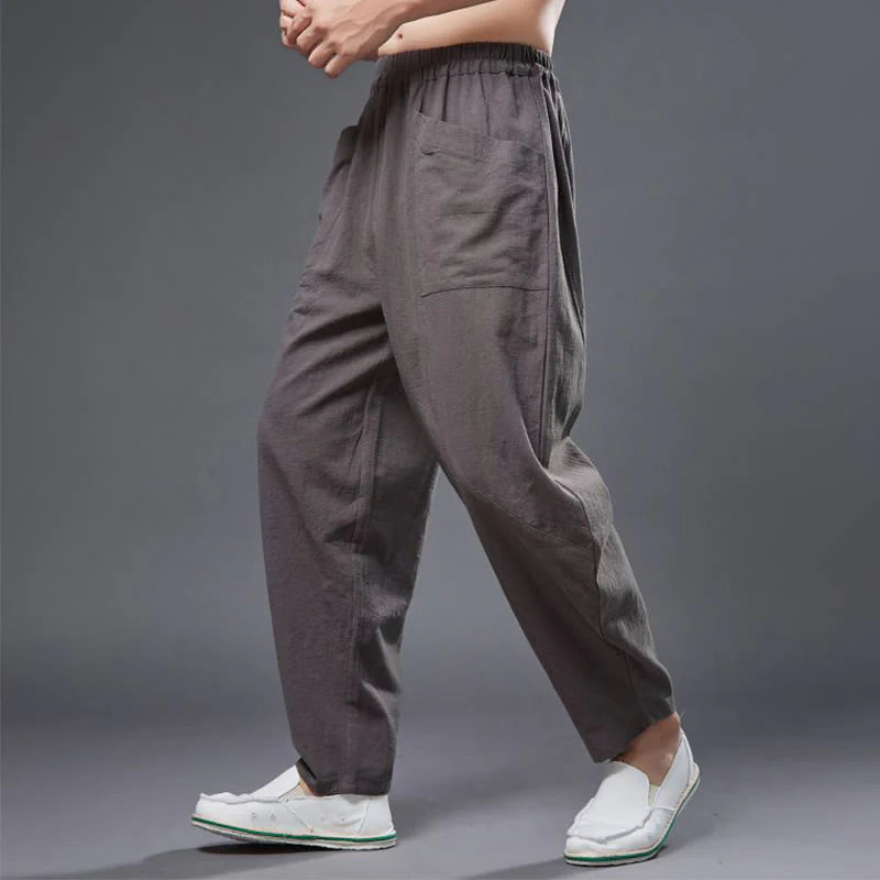 Buddha Stones Solid Color Cotton Ramie Linen Men's Elastic Waist Harem Pants With Pockets