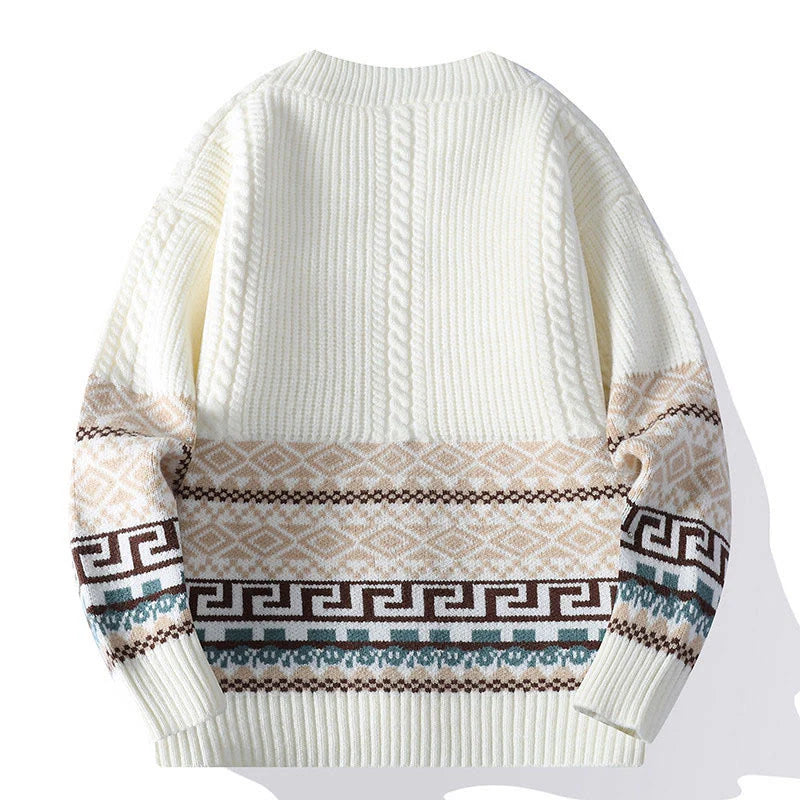 Buddha Stones Jacquard Ethnic Long Sleeve Men's Knitted Sweater With Pockets