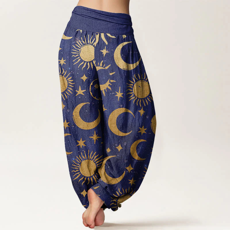 Buddha Stones Cotton Crescent Moon Sun Stars Pattern Design Women's Elastic Waist Harem Pants