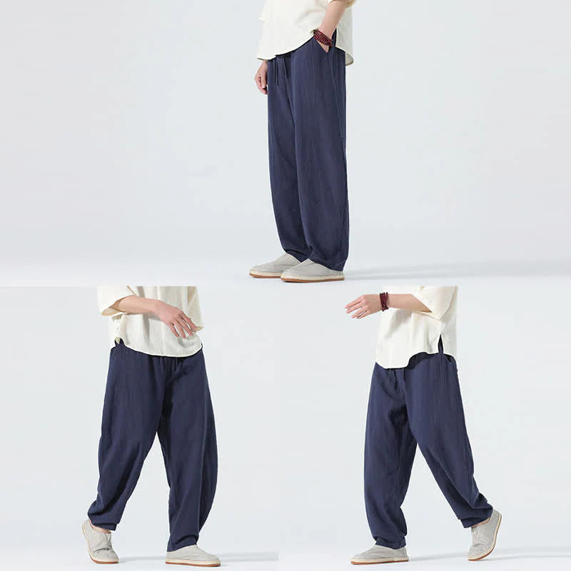 Buddha Stones Spring Pure Color Men's Cotton Drawstring Pants With Pockets
