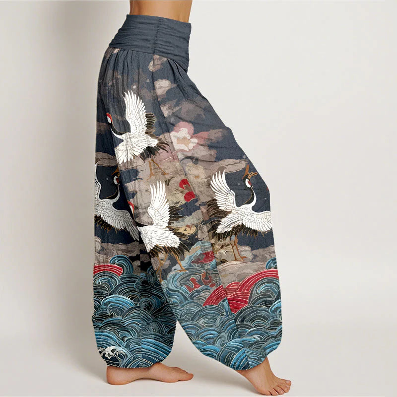 Buddha Stones Cotton Classic Crane Waves Cloud Pattern Women's Elastic Waist Harem Pants