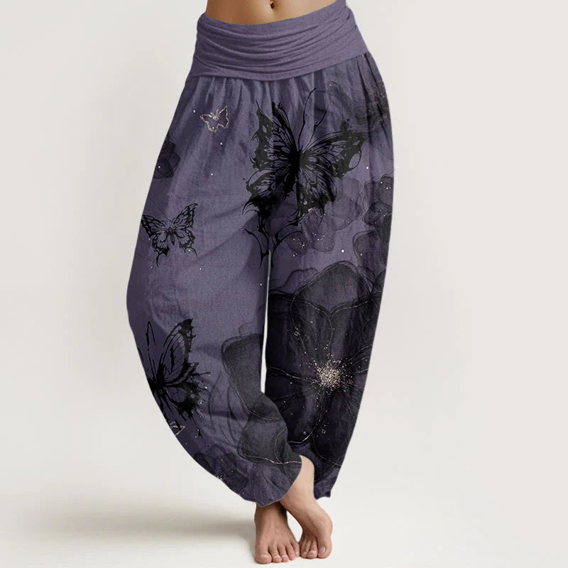 Buddha Stones Pure Cotton Butterfly Flowers Pattern Women's Elastic Waist Harem Pants