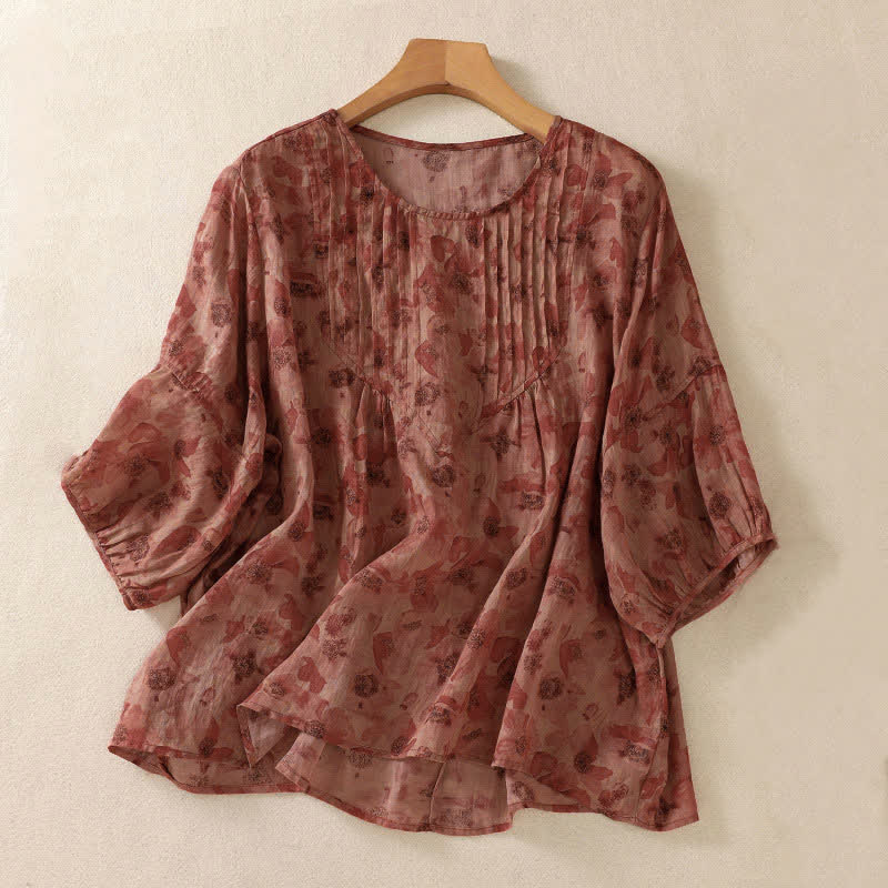 Buddha Stones Commute Floral Crew Neck Pleated Design Puff Short Sleeve Women's T-Shirt