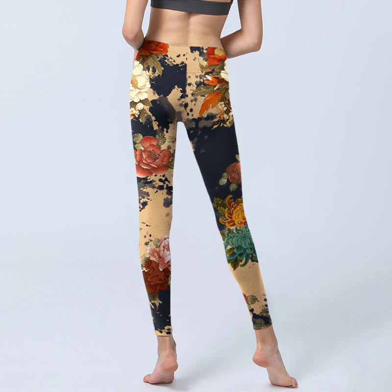 Buddha Stones Ink Painting Style Peony Chrysanthemums Pattern Print Gym Leggings Women's Yoga Pants