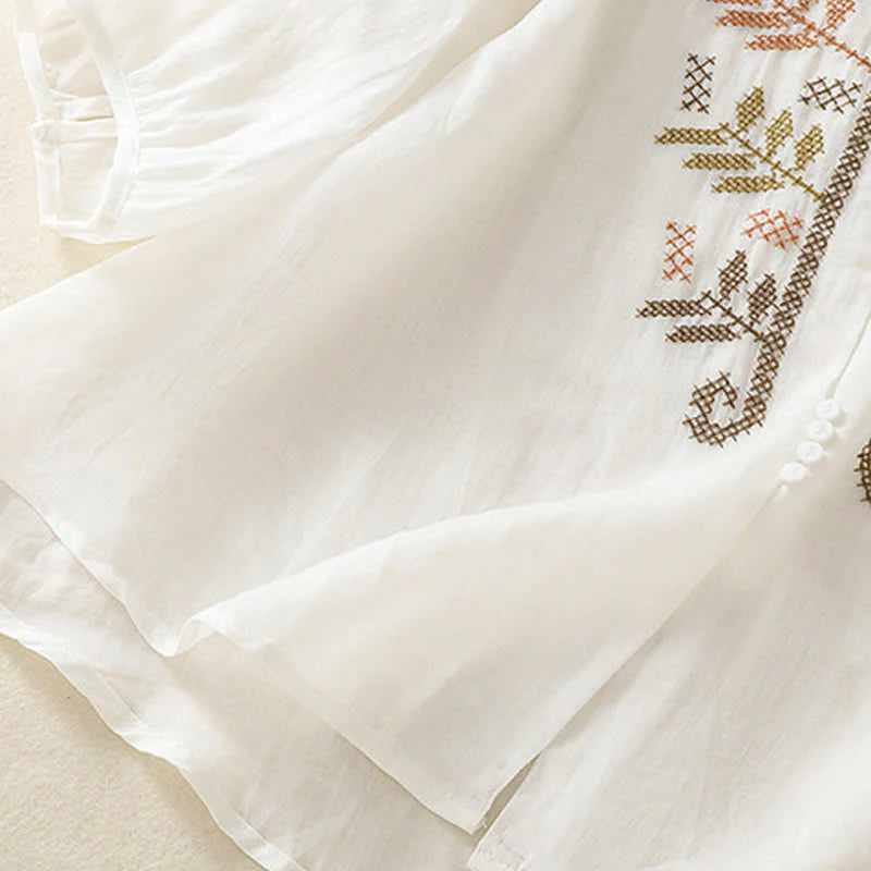 Buddha Stones Casual Artistic Embroidery Leaves Pattern Women's Cotton Linen Three Quarter Sleeve Shirt Cardigan