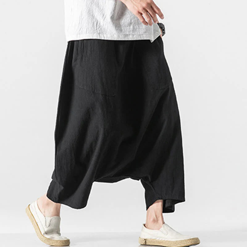 Buddha Stones Casual Low Crotch Design Drawstring Men's 7-8 Length Cotton Linen Wide Leg Pants With Pockets