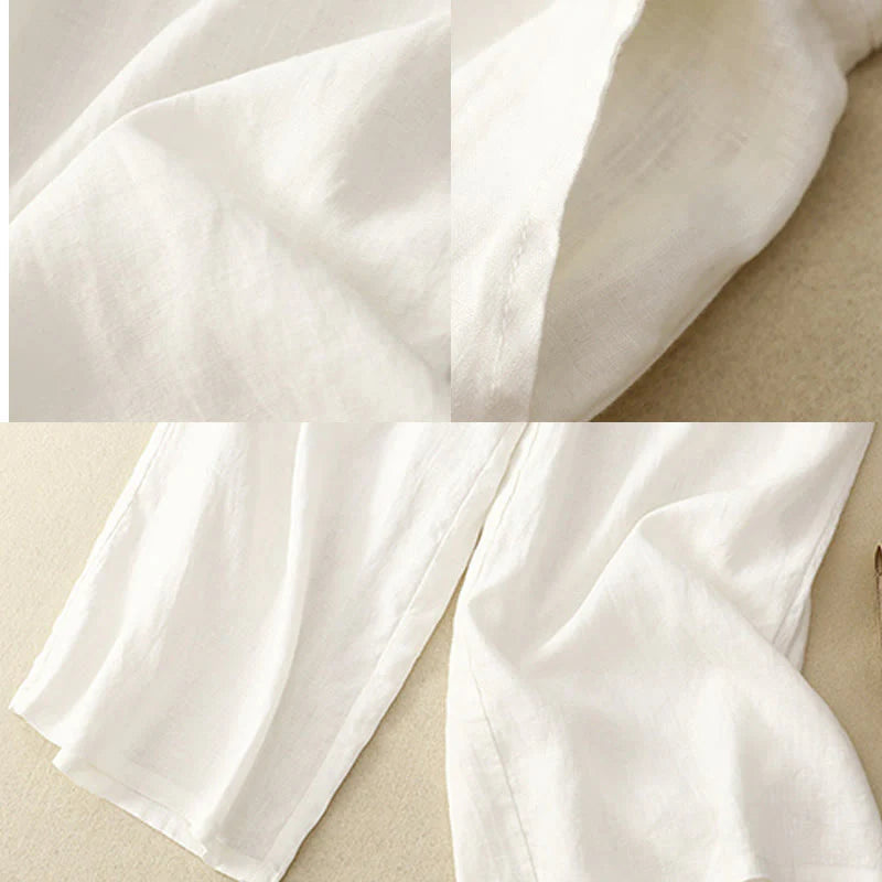 Buddha Stones Spring Casual Solid Color Drawstring Design  Women's Cotton Linen 7-8 Length Wide Leg Pants With Pockets