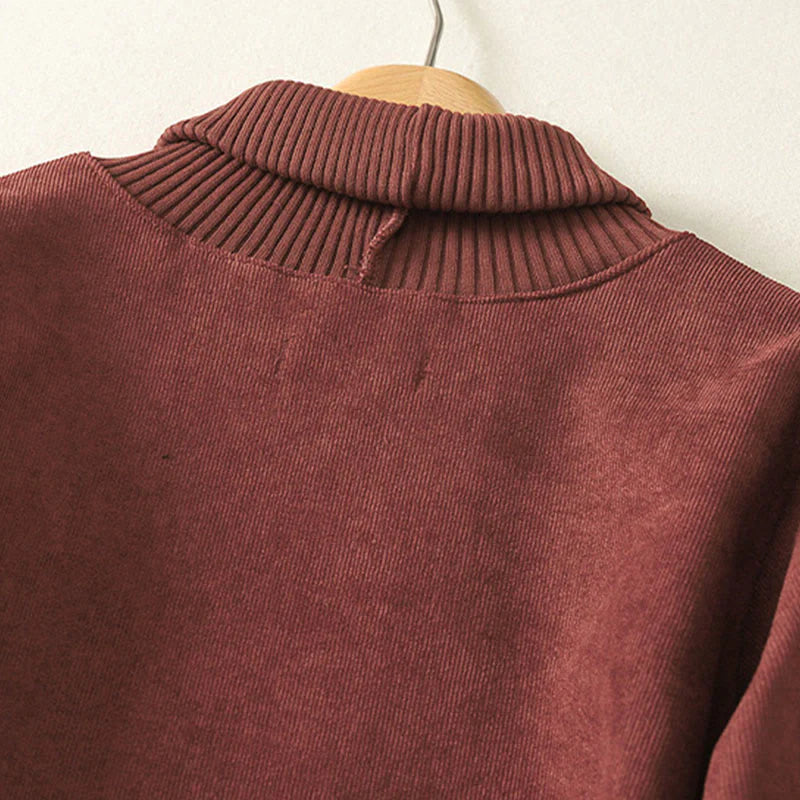 Buddha Stones Winter High Neck Warm Cotton Women's Long Sleeve Midi Dress With Pockets