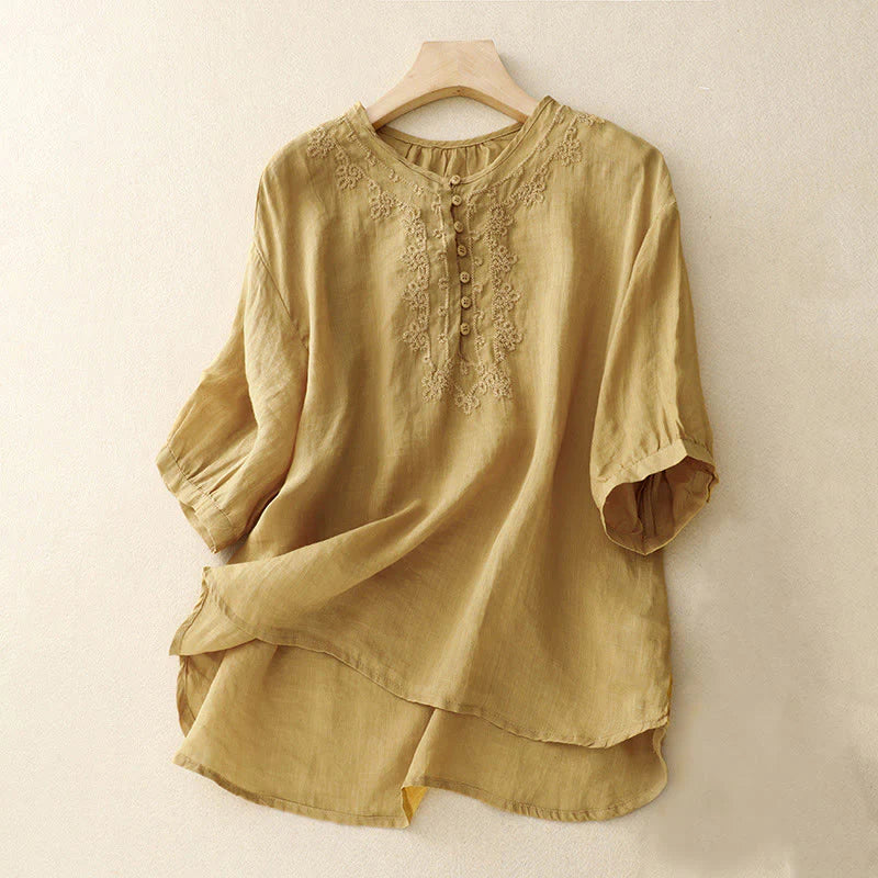 Buddha Stones Line Embroidery Button Crew Neck Half Sleeve Women's Cotton Shirt