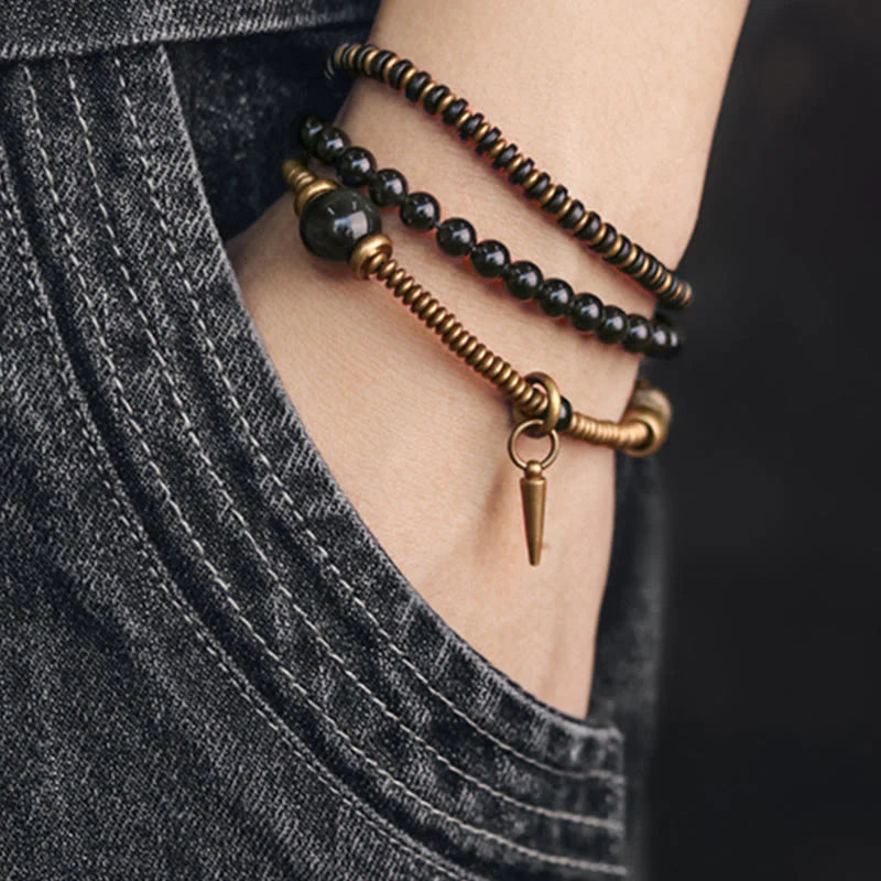 Buddha Stones Rainbow Obsidian Ebony Wood Copper Healing Triple Wrap Bracelet