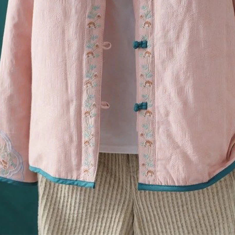 Buddha Stones Winter Frog-Button Embroidery Flowers Vines Open Front Cotton Long Sleeve Women's Thermal Jacket