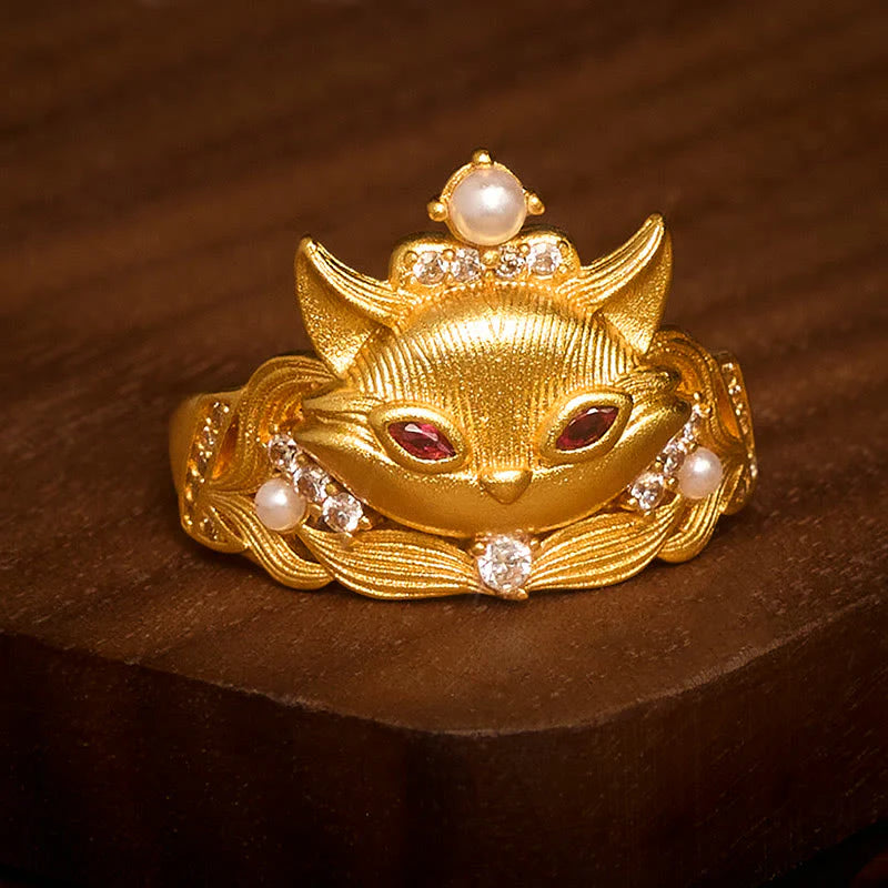 Buddha Stones Fox Head Design 24k Gold Plated Brass Adjustable Ring