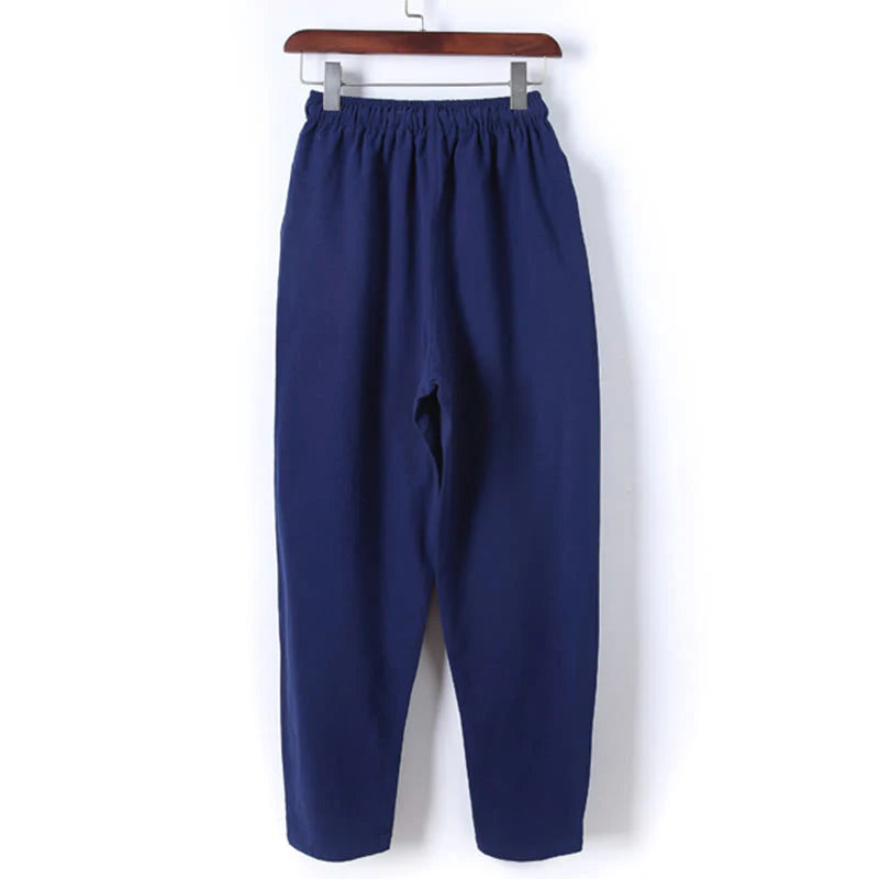 Buddha Stones 2Pcs Solid Color Men's Frog-Button Long Sleeve Cotton Shirt Pants Set With Pockets