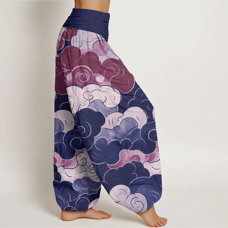 Buddha Stones Cotton Casual Auspicious Clouds Pattern Women's Elastic Waist Harem Pants