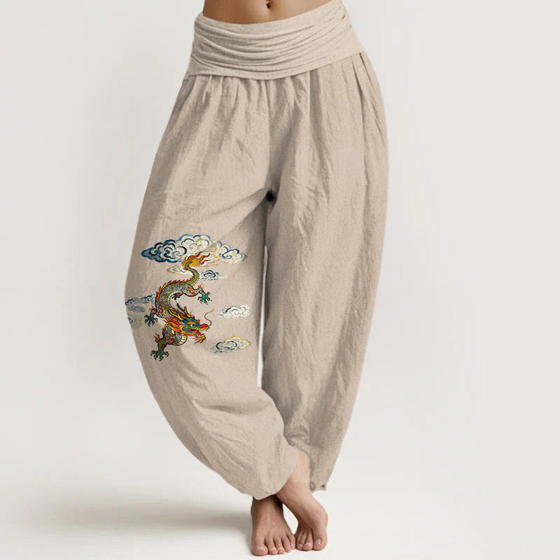 Buddha Stones Pure Cotton Colorful Dragon Cloud Pattern Women's Elastic Waist Harem Pants