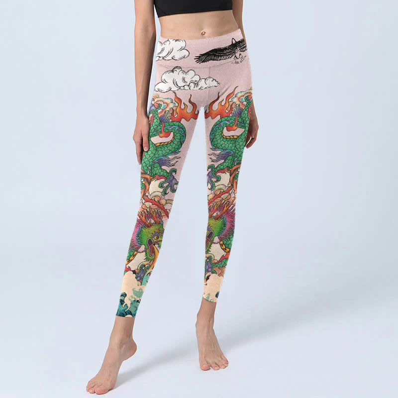 Buddha Stones Dragon Rose Eagle Waves Auspicious Clouds Pattern Gym Leggings Women's Yoga Pants