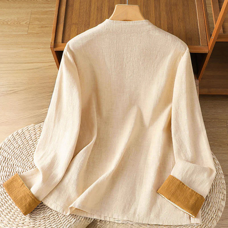 Buddha Stones Color Contrast Design Chinese Frog-Button Long Sleeve Women's Linen Shirt