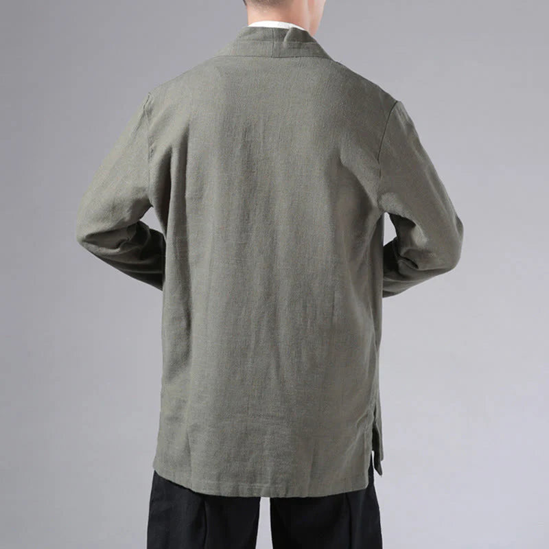 Buddha Stones Plain Simple Design Open Front Cotton Linen Men's Long Sleeve Jacket Kimono