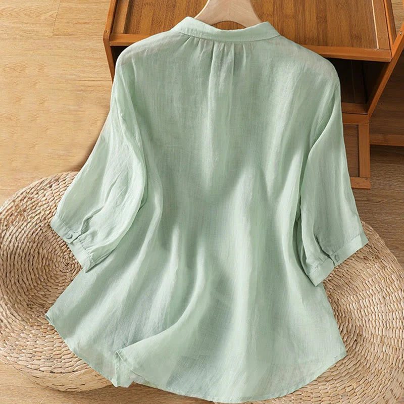 Buddha Stones Casual Plant Embroidery Stand Collar Women's Cotton Blend Three Quarter Sleeve Shirt