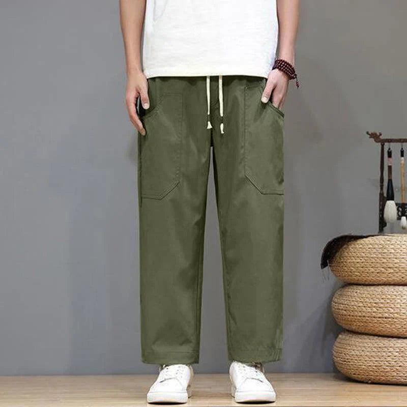 Buddha Stones Summer Solid Color Drawstring Straight Leg 7-8 Length Men's Pants With Pockets