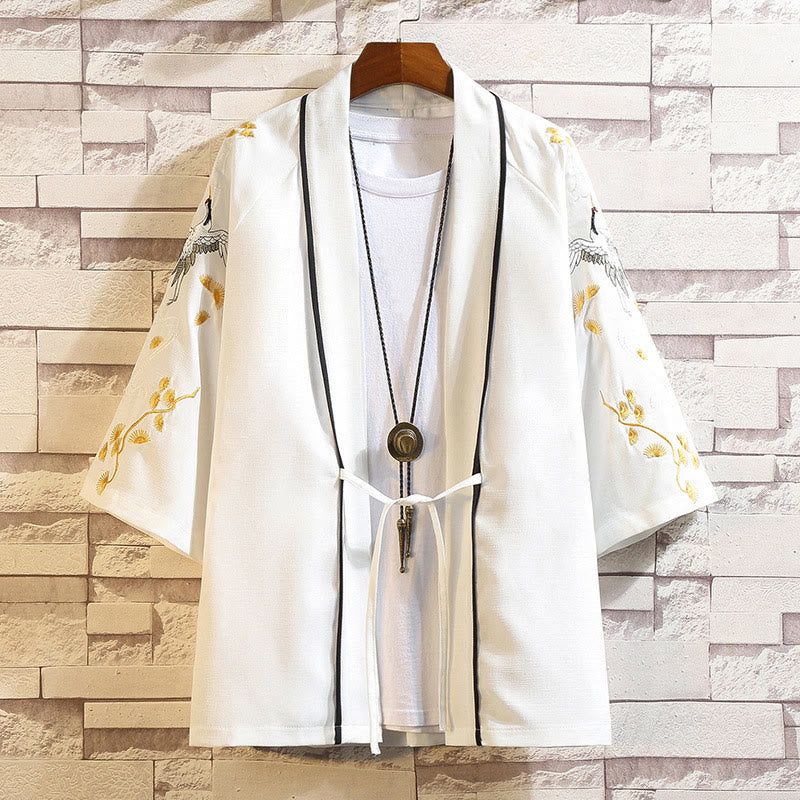 Buddha Stones Embroidery Dragon Phoenix Auspicious Cloud Waves Leaves Cranes Open Front Jacket Men's Kimono