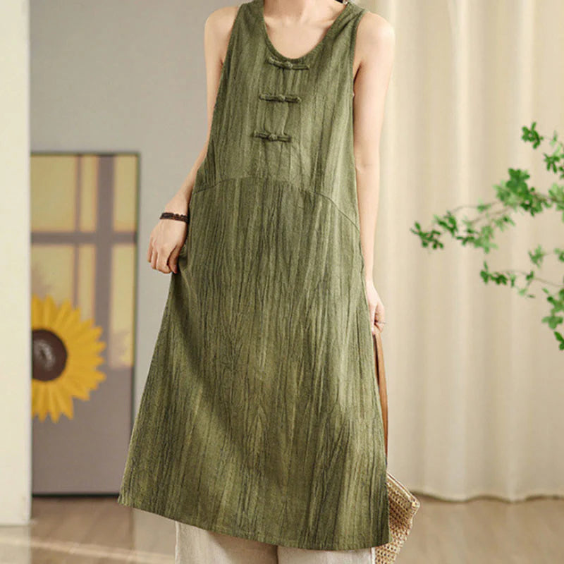 Buddha Stones Tie Dye Chinese Frog-Button RamieÂ Linen Sleeveless Midi Dress With Pockets