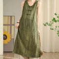 Buddha Stones Tie Dye Chinese Frog-Button RamieÂ Linen Sleeveless Midi Dress With Pockets