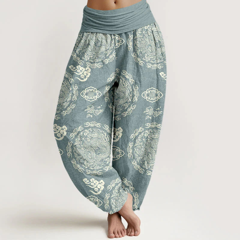 Buddha Stones Cotton Light Color Dragon Cloud Pattern Women's Elastic Waist Harem Pants