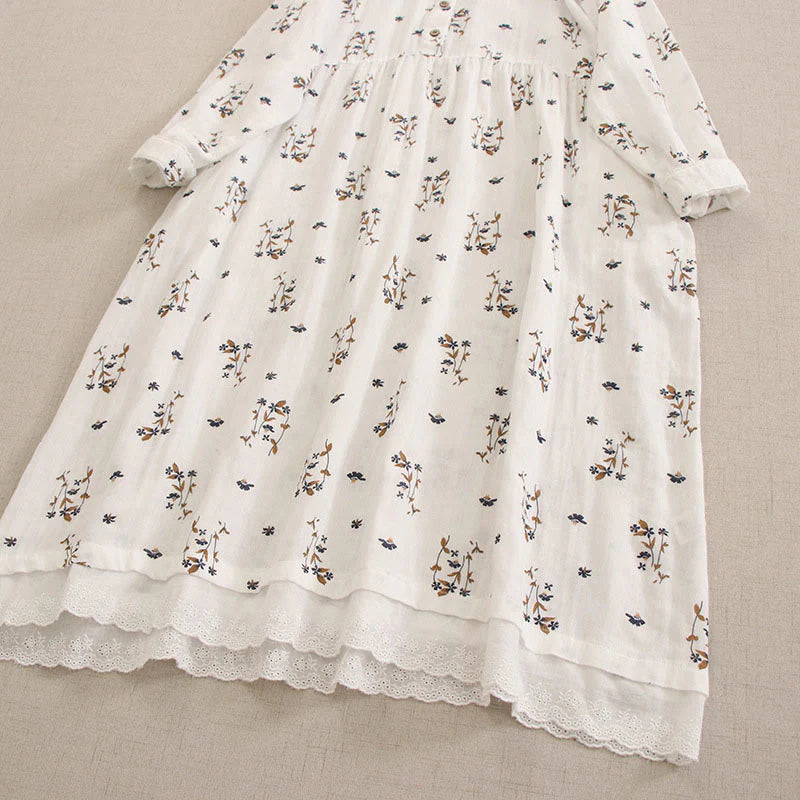 Buddha Stones Spring Small Floral Print Buttons Design Crew Neck Long Sleeve Midi Dress With Pockets