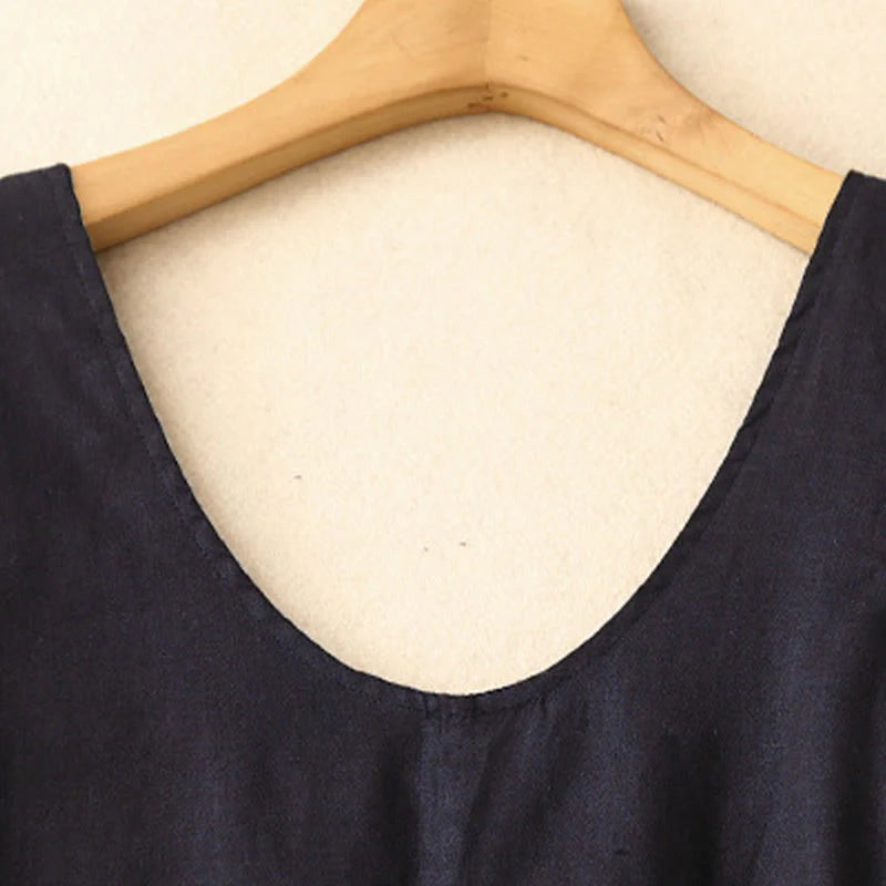 Buddha Stones Summer Daily Casual Pure Color Crew Neck Simple Design Sleeveless Midi Dress With Pockets