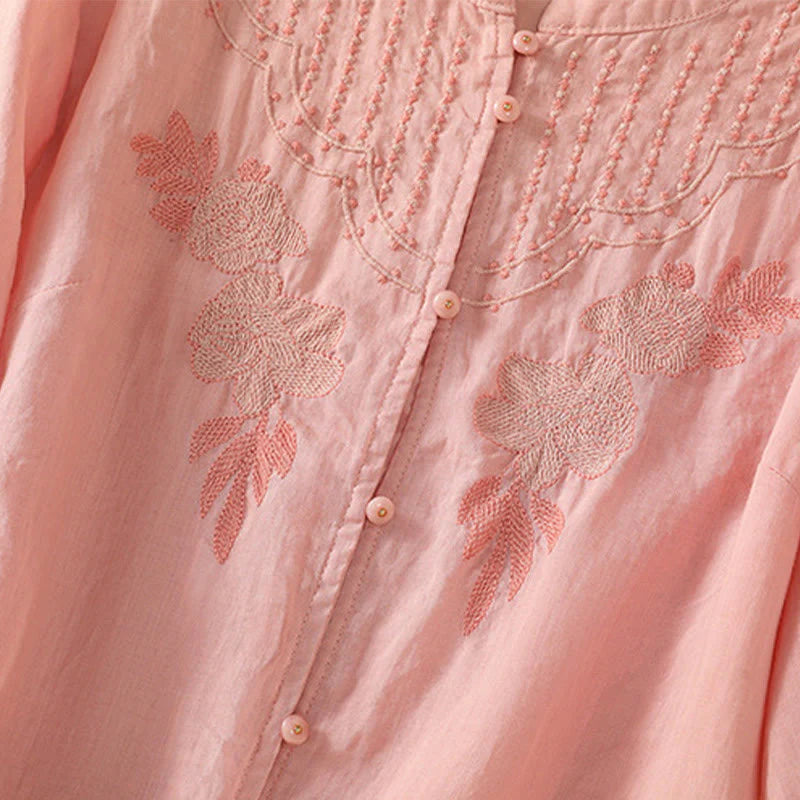 Buddha Stones Rose Floral Embroidery Button Half Sleeve Women's Cotton Shirt