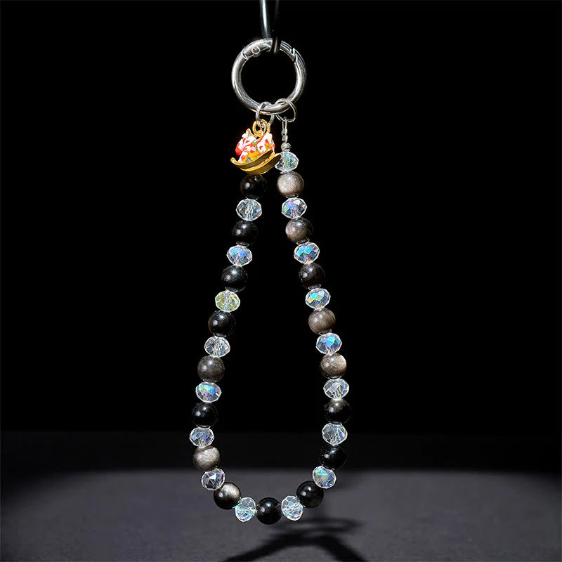 Buddha Stones Year of the Horse Silver Sheen Obsidian Protection Key Chain Phone Hanging Decoration