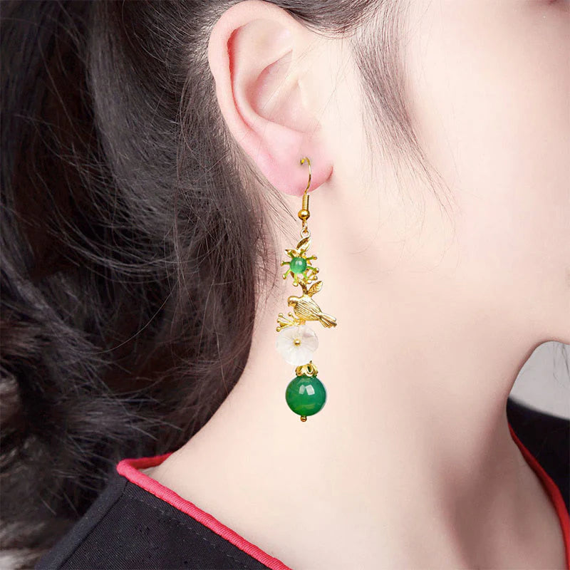 Buddha Stones Green Agate Bead White Flower Bird Power Drop Earrings