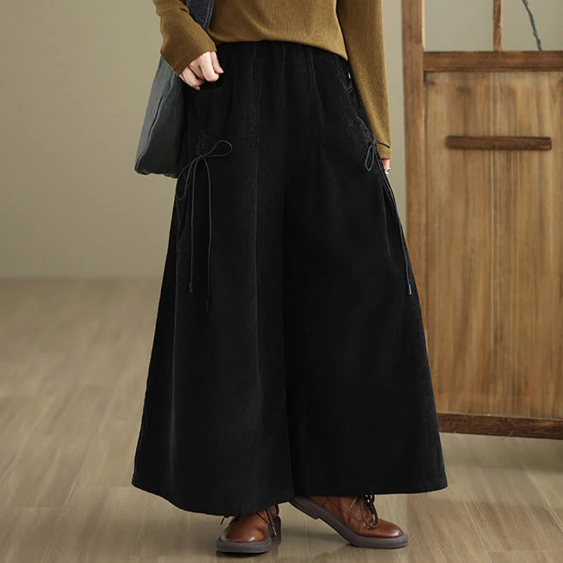 Buddha Stones Women's Pure Color Drawstring Design Wide Leg Corduroy Pants With Pockets