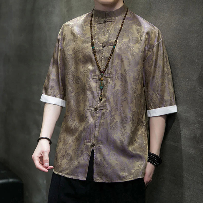 Buddha Stones Summer Cashew Flowers Pattern Men's Frog-Button Half Sleeve Shirts