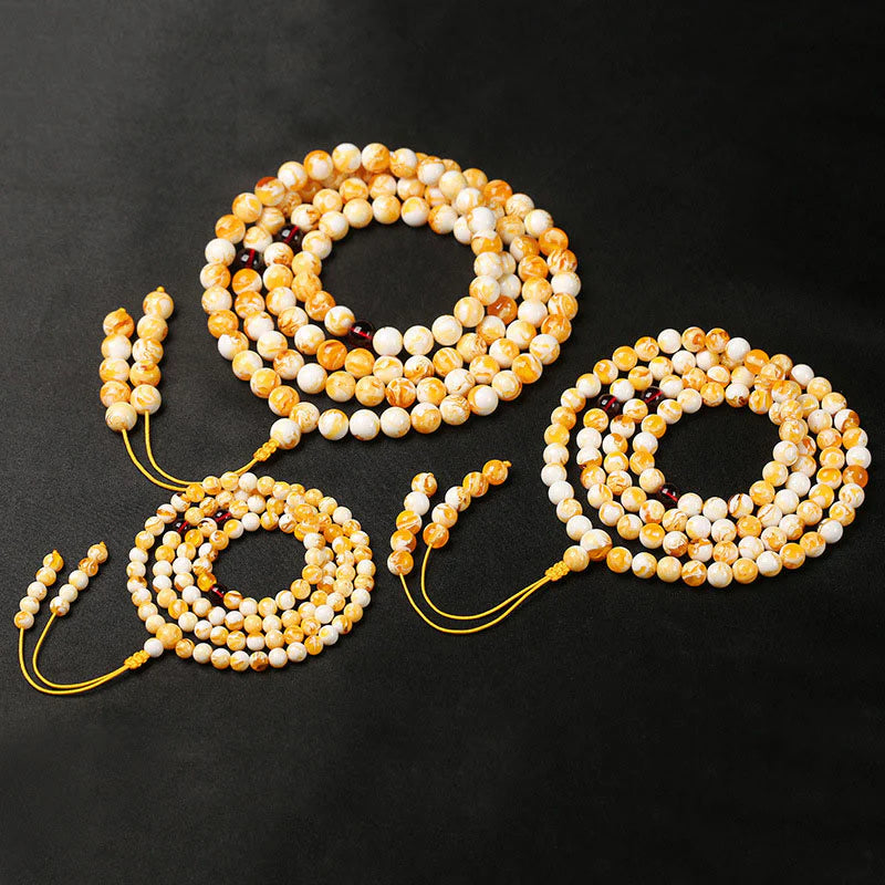 Buddha Stones Tibetan White Yellow 108 Beads Amber Mala