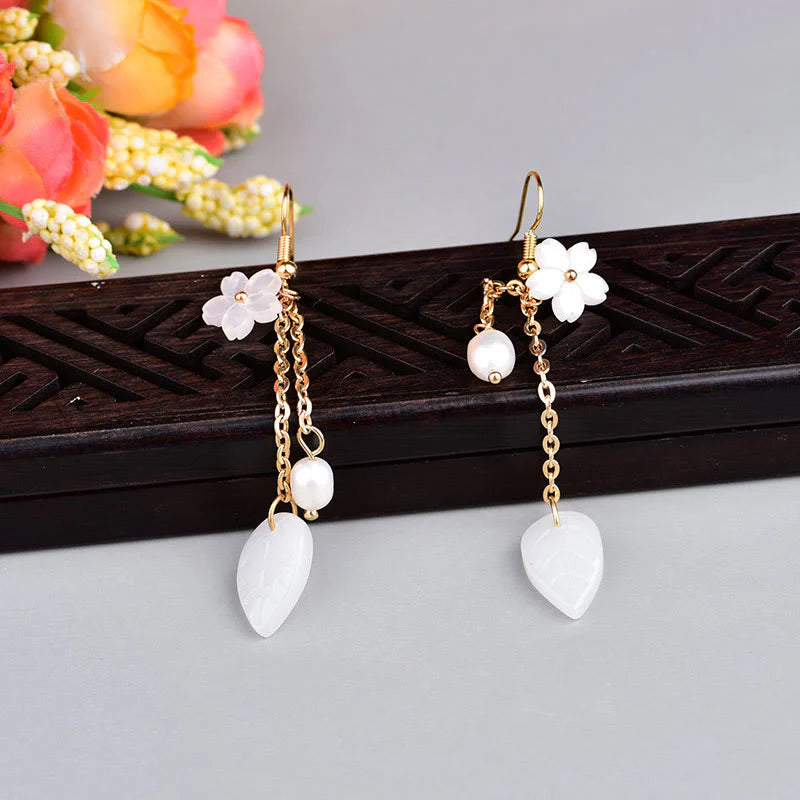 Buddha Stones Pearl White Flower Leaves Happiness Drop Earrings